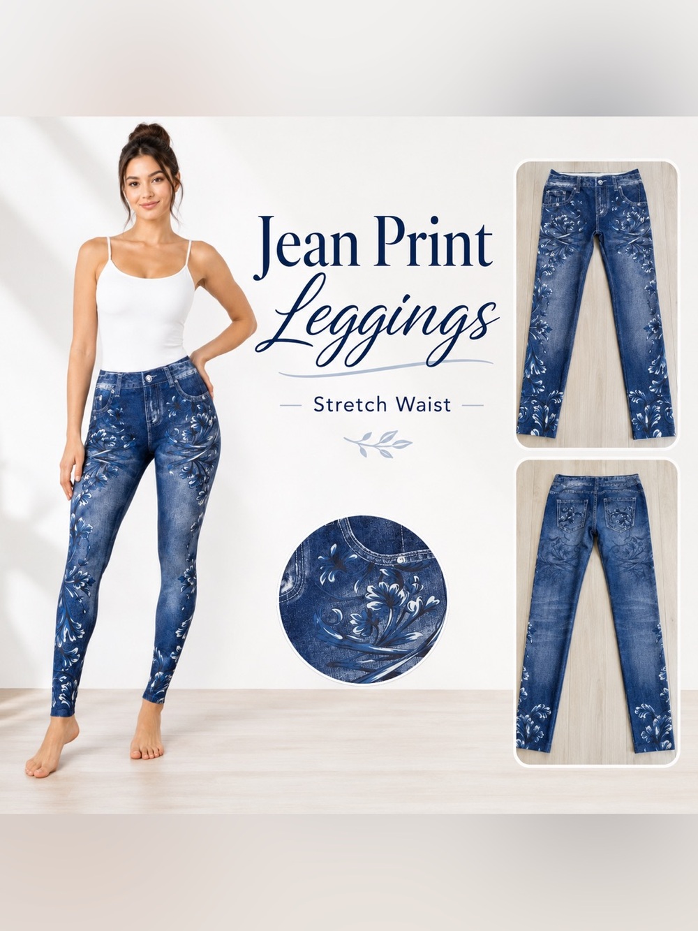 Jean Print Floral Jegging Leggings Pull-On Pants Stretch Waist